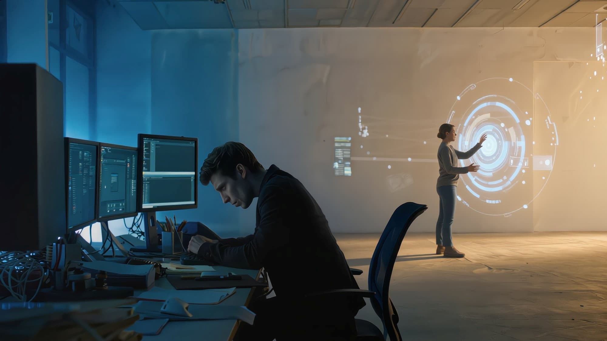A consultant working with multiple monitors while a colleague interacts with a projected AI interface — the human side of AI adoption